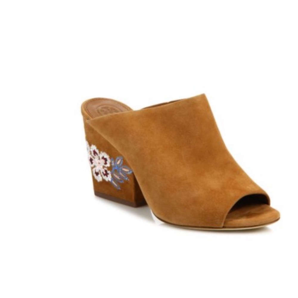 Tory Burch embroidered suede wedge mule